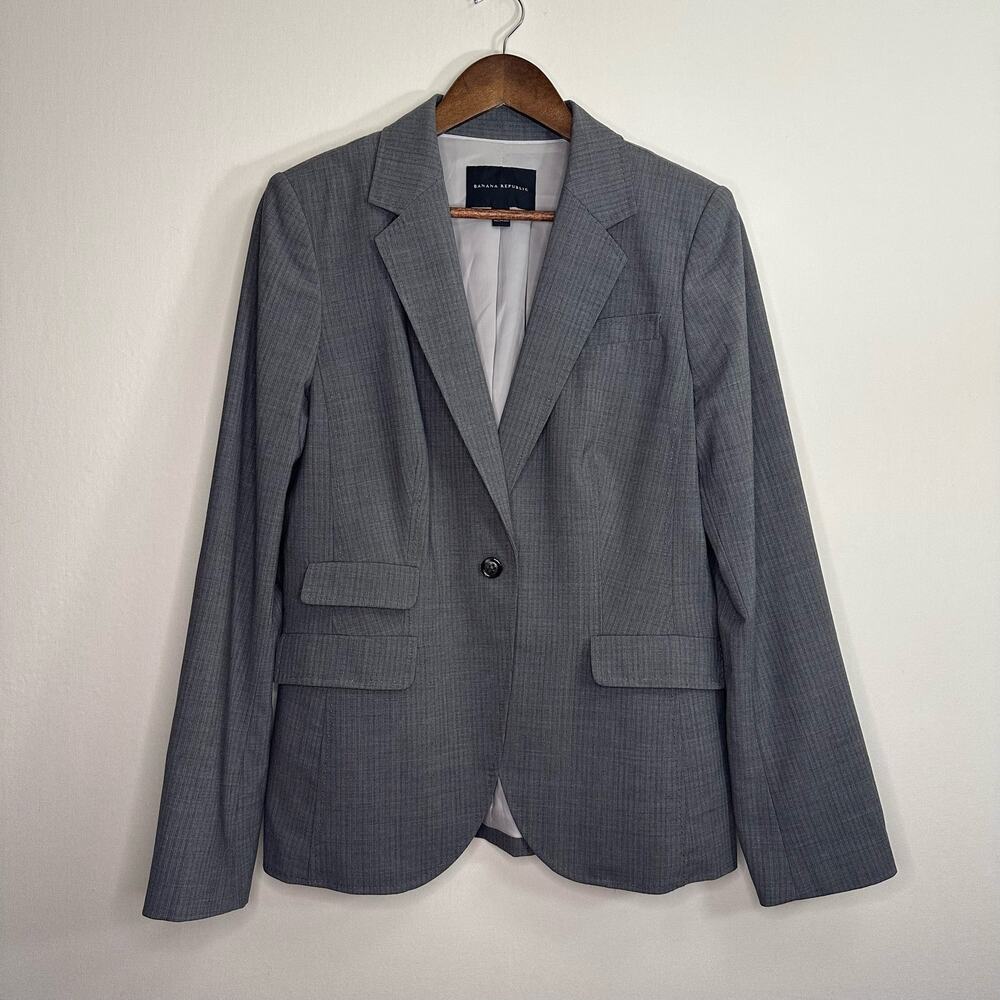 Banana Republic Size 14 Wool Gray Blazer with Light Gray Plaid Pattern